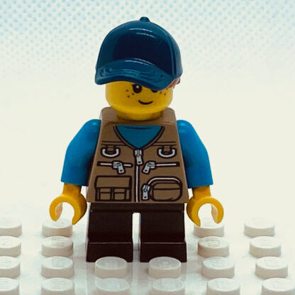 LEGO Minifigure Girl, Freckles, Dark Tan Vest Over Dark Azure Shirt, Dark Blue Cap