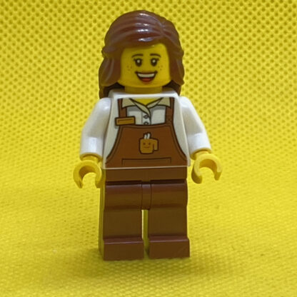 LEGO Minifigure Barista Female with Reddish Brown Apron with Cup and Name Tag Pattern, Reddish Brown Female Hair Mid-Length