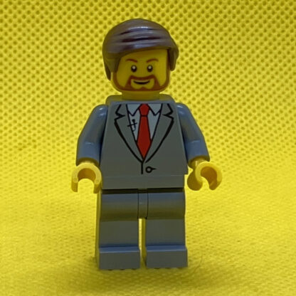 LEGO Minifigure Suit Jacket Buttoned with Red Tie, Dark Bluish Gray Legs, Dark Brown Smooth Hair